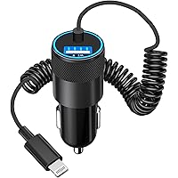 iPhone Fast Car Charger, [Apple MFi Certified] 66W Fast Car Charging Cigarette Lighter USB Car Adapter with Built-in 6FT Coiled Lightning Cable for Apple iPhone 15/14/13/12/11/Xs/XS Max/XR/X/8/7, iPad