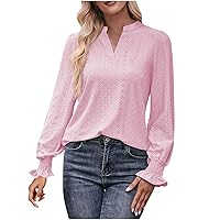 Women's Fahsion Eyelet Shirts Ruffle Smocked Long Lantern Sleeve Tops Solid Casual Dressy Blouses for Going Out