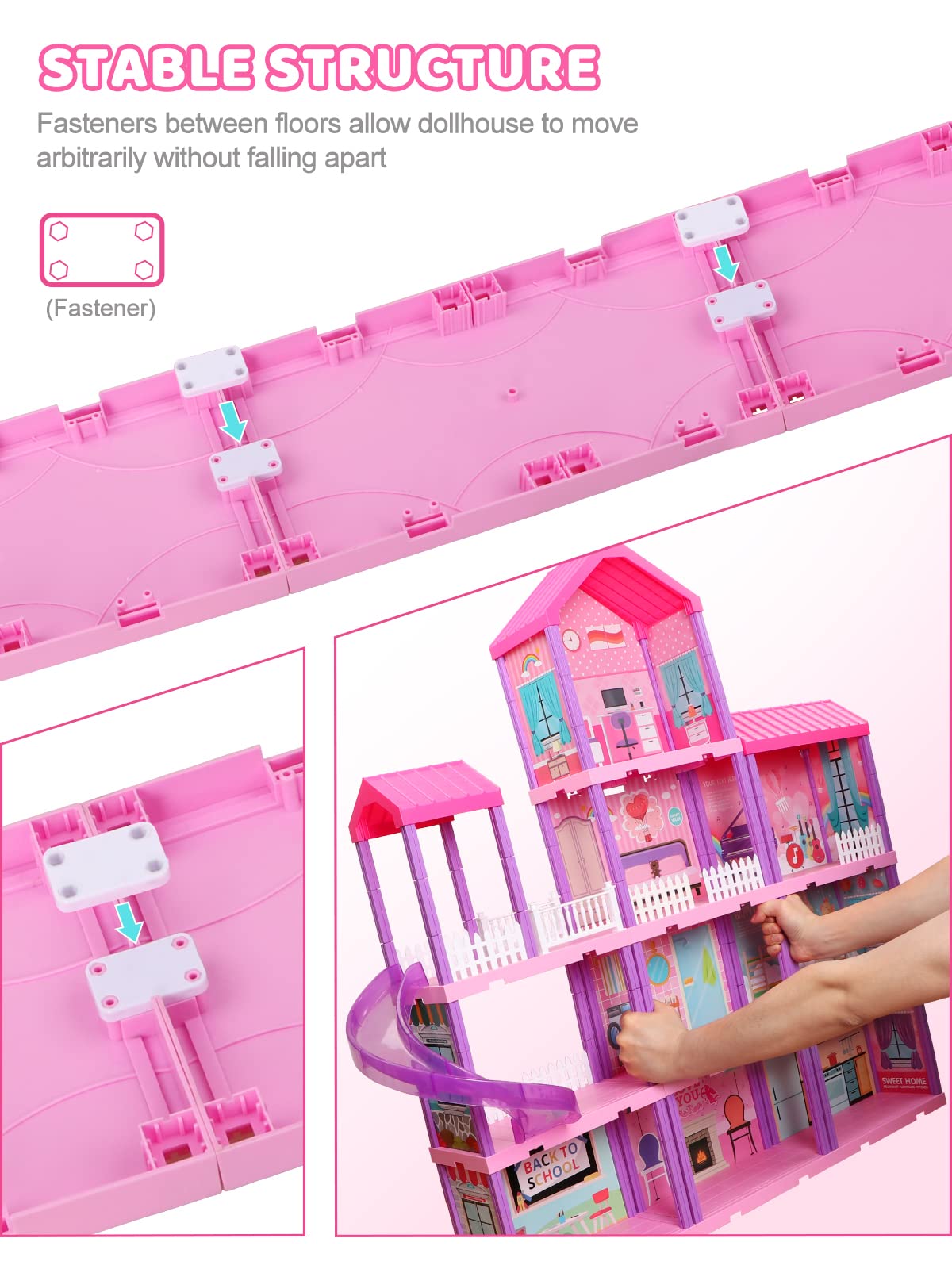 beefunni Doll House, Dollhouse w/Furniture - Pink/Purple Girl Toys | 4 Stories, 11 Rooms w/ 2 Princesses, Slide, Lights, Gifts for 3 4 5 6 7 8 9 10 Year Old Girls Toys(27.6