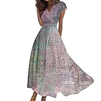 Spring Dresses for Women 2024 Cap Sleeve A-Line Maxi Dress Floral Print Wrap V Neck Dresses Elegant Flowy Sundress