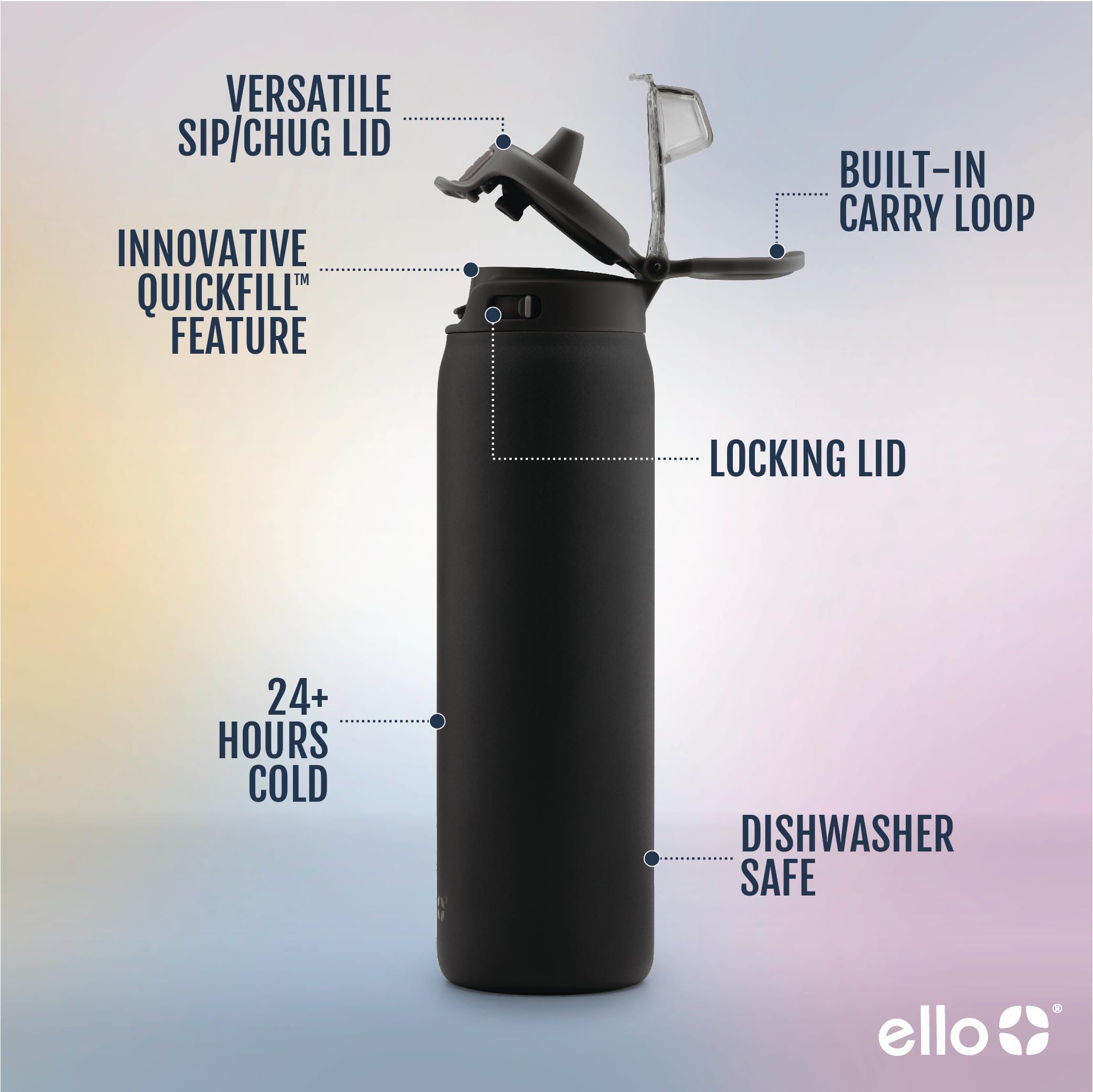 Ello Pop & Fill Stainless Steel Water Bottle with QuickFill Technology | Double Walled Vacuum Insulated Metal | Leak Proof Locking Lid | Sip and Chug | Reusable BPA Free | 22oz, 32oz