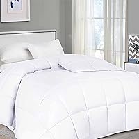 Brushed Microfiber Solid Comforter, Down Alternative Bedding, Reversible, Medium Weight, Fluffy, Decorative, Duvet Insert, Oversized Blanket, Box Quilt Design, Queen, White