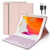Keyboard Case for iPad 9th/8th/7th Generation 10.2 inch, iPad Air 3/Pro 10.5-inch Case with Keyboard Pencil Holder 2021/2020/2019/2017, 7 Color Backlit Wireless Keyboard Smart Folio Tablet Cover(Pink)