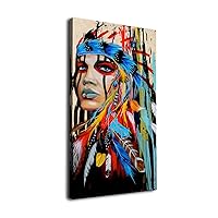 Canvas Wall Art Native American Indian Beauty Painting - Long Canvas Artwork Girl with Colorful Feathers Ethnologic Accessories Contemporary Picture for Home Office Wall Decor 40