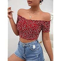 T-Shirt for Women Polka Dot Print Off Shoulder Lettuce Trim Crop Tee (Color : Red, Size : X-Small)