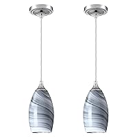 1 Light Indoor Mini Hanging Kitchen Island Pendant Lights Covers Decorative,Polished Nickel Finish with Handcrafted Art Glass Hanging Light Shade for Bar Dining Room Over Sink (Grey Glass, 2 Pack)