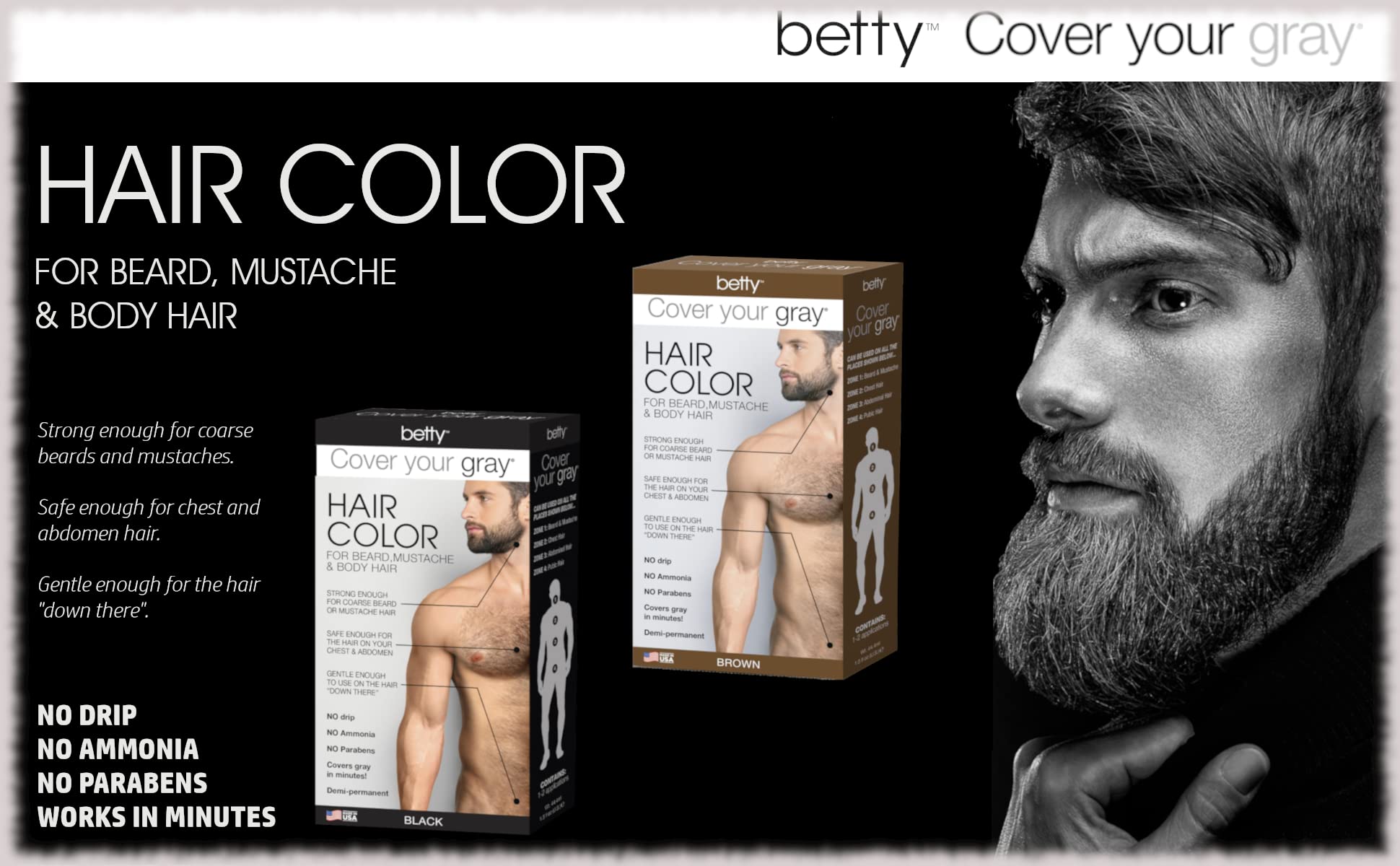 Betty Cover Your Gray Mens Hair Color for Beard, Mustache & Body Hair - Black