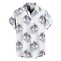Funky Hawaiian Blouses for Men Cotton Linen Tropical Floral Printed Tunic Blouses Short Sleeve Button Down Shirts