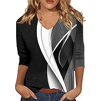 Womens Fall Fashion 3/4 Sleeve Tops and Blouses V Neck Print Cute Loose Fit Elbow Length Sleeve Shirts My Orders Blusas De Mujer Elegantes X-Large Black