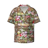 Vintage Rose Men's Summer Short-Sleeved Shirts, Casual Shirts, Loose Fit with Pockets