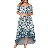 Bohemia Short Sleeve Wedding Dress Women's Oversized Summer Loose Fit Print Cocktail Lady Off The Shoulder Blue XL
