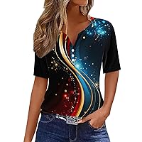 Womens Henley Tunic Tops 2024 Summer Fashion Print Shirts Button Up T-Shirts Short Sleeve V-Neck Casual Blouses