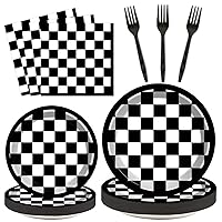 200 Pcs Checkered Flag Party Supplies Racing Car Party Plates Black and White Tableware set Buffalo Plaid Disposable Dessert Paper Plates Napkins Forks for Kids 50 Guests Birthday Decorations Supplies