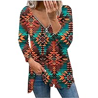 Ruziyoog Womens Western Ethnic Style T-Shirts Geometric Rhombus Printed Tops Zipper V Neck Loose Casual Tee Shirt Blouse