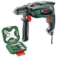 Bosch Universal Impact 800 Hammer Drill (800 Watt, Case) + 34 Piece X-Line Classic Screwdriver and Drill Set (Wood, Stone and Metal, Accessories for Drills)