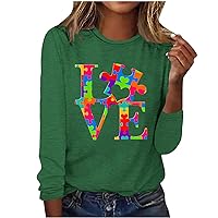 2024 Womens Love Letter Shirts Autism Awareness Tops Long Sleeve Puzzle Love Graphic Autism Support Tee Blouses