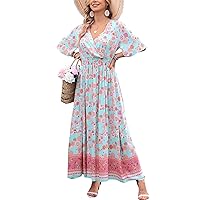 Kormei Women Short Sleeve V Neck Boho Floral Smocked Waist A-Line Swing Summer Beach Party Long Maxi Dress