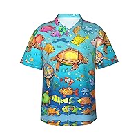 Turtle and Fish Hawaiian Shirts for Men, Print Summer Beach Casual Short Sleeve Button Down Shirts,Summer Beach Dress Shirts
