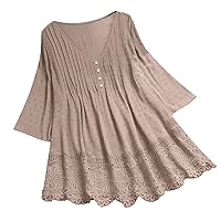 Women's Summer Loose Fit Linen Gauze Tops Lace Plus Size Crinkle Gauze 2024 Shirts 3/4 Sleeve Puff Sleeve