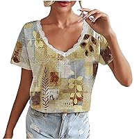 Lace Trim V Neck Tops for Women Sexy Floral Print Tshirt Loose Short Sleeve Trendy Blouse Casual Boho Flowy Shirts