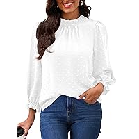 Womens Blouses Dressy Casual Long Sleeve Tops Mock Neck Print Shirts Frill Trim Work Office Tops 2024