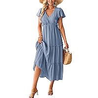 VOTEPRETTY Women's 2024 Fashion Summer Maxi Dresses Boho Beach V Neck Flutter Short Sleeve Tiered Long Dress