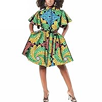 African Dresses for Women Plus Size Print Short Sleeve Dress with Belt Bazin Riche Party Outfits