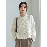 Women's Sweater Cable Knit Drop Shoulder Cardigan Sweater for Women (Color : Beige, Size : X-Small)