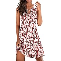 Sundress for Women Summer Loose Dress Sleeveless Floral Print V Neck Hollow Out Beach Dress Mini Dress CasualFall