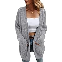 Women's Long Knit Cardigan Front Open Solid Color Knitted Tops With Pockets Long Sleeve Twisted Crochet Mohair Sweater