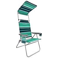 Folding Beach Chair, 1 Position High Back Outdoor Camping Chair with Canopy, Lightweight and Portable, Teal Variety Stripe