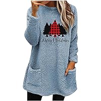 Fleece Sherpa Pullover for Women Christmas Tree Casual Crewneck Tunic Tops Winter Fluffy Sweatshirts with Pockets