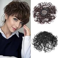 Silktop Head Spin Base Hair Topper for Women Real Human Hair,Short Curly Human Hair Topper Clip in Wavy Topper Hair Piece for Thinning Hair Dark Brown Color