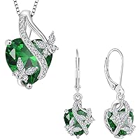 925 Sterling Silver Heart Butterfly Pendant Necklace Earrings Women Jewelry Set Gift with Birthstone Created Emerald