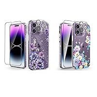 OKP Glitter Cases for iPhone 14 Pro Max with Screen Protecor/Camera Lens Protecor [1*Purple Floral Case + 1*Coloful Floral Case]