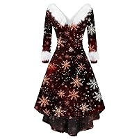 Christmas Dresses for Women Trendy Plush V Neck Xmas Printed High and Low Big Swing Cocktail Dresses Basic Prom Dress