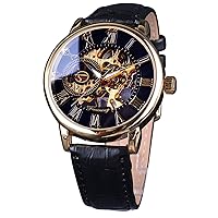 un bel tocco Antique Style Skeleton Wristwatch Men's Hand Wind Automatic Auxiliary Classical, black/gold