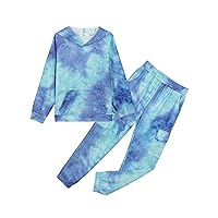 2 Pieces Girls Outfits Tie Dye Sweatsuits Pant Set Long Sleeve Athletic Sweatshirts and Sweatpants with Pockets