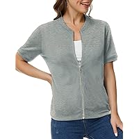 Womens Short Sleeve Jacket Casual Full Zip Sweatshirt Pullover Bomber with Pockets