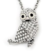 Long Cute Crystal & Simulated Pearl Owl Pendant Necklace In Antique Silver Metal - 60cm Length (10cm Extension)