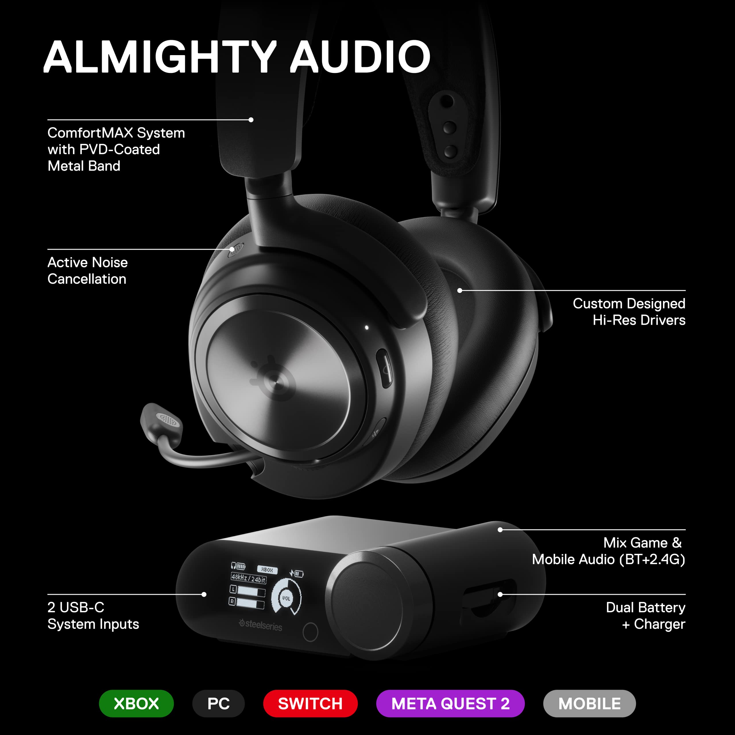 SteelSeries Arctis Nova Pro Wireless Xbox Multi-System Gaming Headset - Premium Hi-Fi Drivers - Active Noise Cancellation Infinity Power System - Stealth Mic - Xbox, PC, PS5, PS4, Switch, Mobile