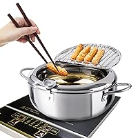 Deep Fryer Pot, 9.4 Inch/3.4 L Janpanese Style Tempura Frying Pot with Lid, 304 Stainless Steel with Temperature Control and Oil Drip Drainer Rack, for Kitchen French Fries, Chicken etc