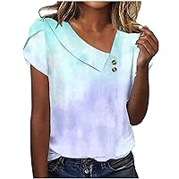 Womens Tops Dressy Casual Tie Dye Button Blouses Fashion V Neck Petal Short Sleeve T Shirts Loose Summer Tunic Blouse