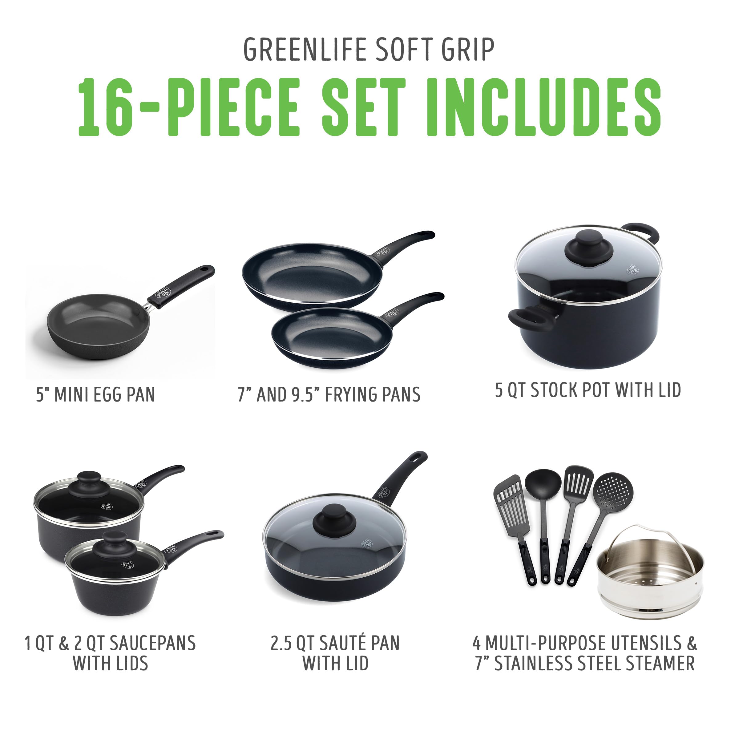 GreenLife Soft Grip Diamond Healthy Ceramic Nonstick 16 Piece Kitchen Cookware Pots and Frying Sauce Pans Set, PFAS-Free, Dishwasher Safe, Black
