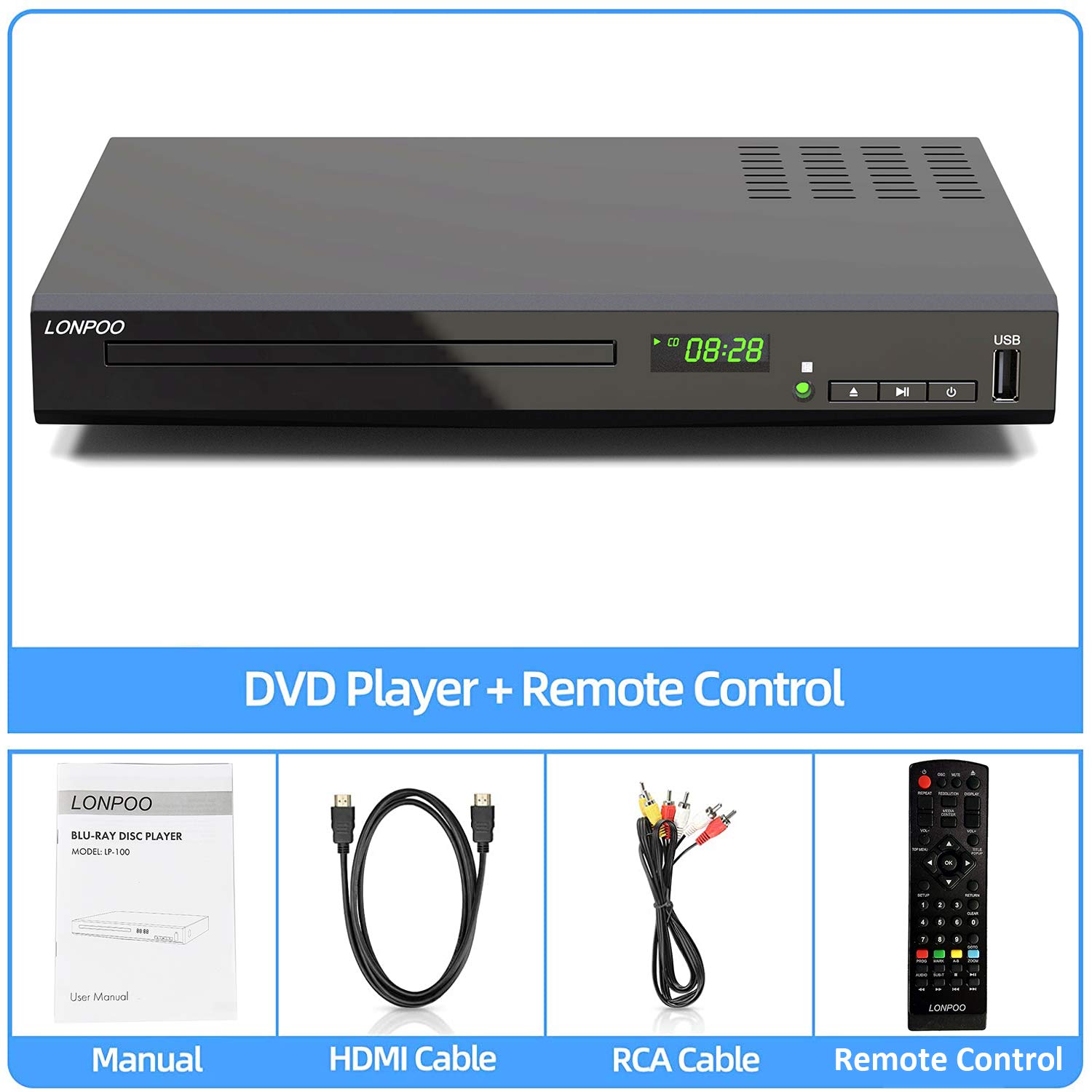 HD Blu-Ray Disc Player for TV with HDMI and AV Cables, Upscaling TV CD DVD Player 1080P, Built-in PAL NTSC, HDMI Output, AV Output, Coaxial Output, USB Input