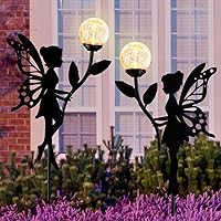 Ouddy Decor 2 Pack Solar Fairy Garden Decor, Metal Fairy Statues with Crackle Glass Globe Solar Garden Lights Outdoor Silhouette Waterproof for Lawn Patio Yard Pathway Gardening