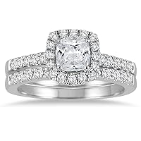 AGS Certified 1 1/2 Carat TW Cushion Cut Diamond Halo Bridal Set in 14K White Gold