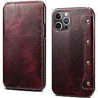 Flip Phone Case Holster, Oil Wax Cowhide Shockproof Folio Cover Wallet [Card Holder] for Apple iPhone 14 Pro Max (2022) 6.7 Inch (Color : Red)