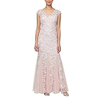 Alex Evenings Women's Floor Length Fit and Flare Gown with Illusion V-Neckline and Godet Detail, Mother of The Bride Dress