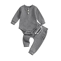 Kuriozud Newborn Baby Boy Clothes Button Long Sleeve Romper Bodysuit Pants Set Infant Soft Waffle Fall Winter Outfit